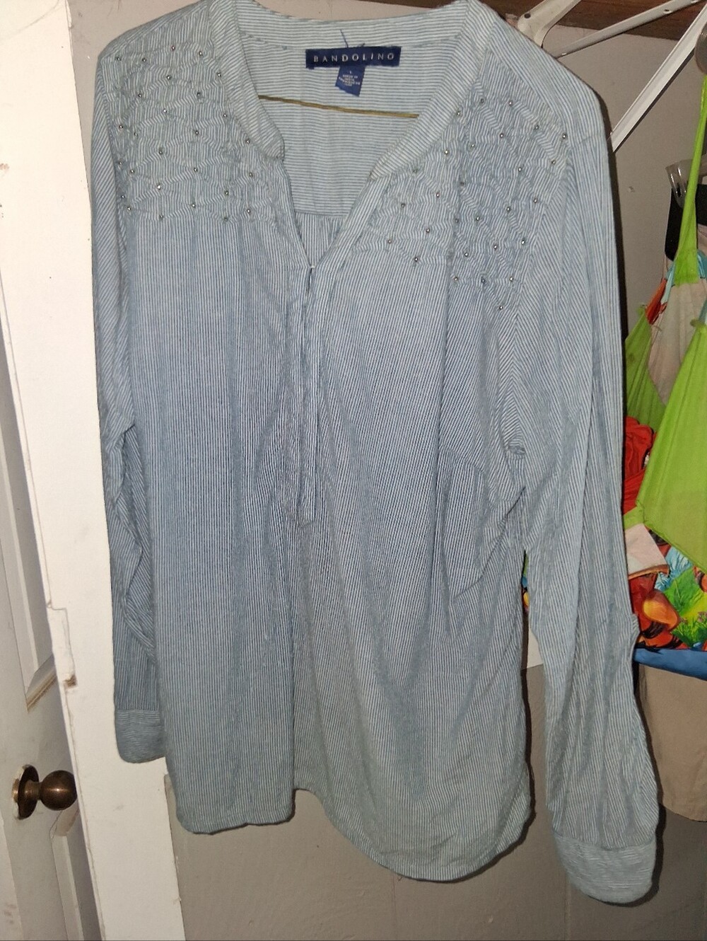 Bandolino Light Blue Pinstripe Long-Sleeve Peasant Tunic